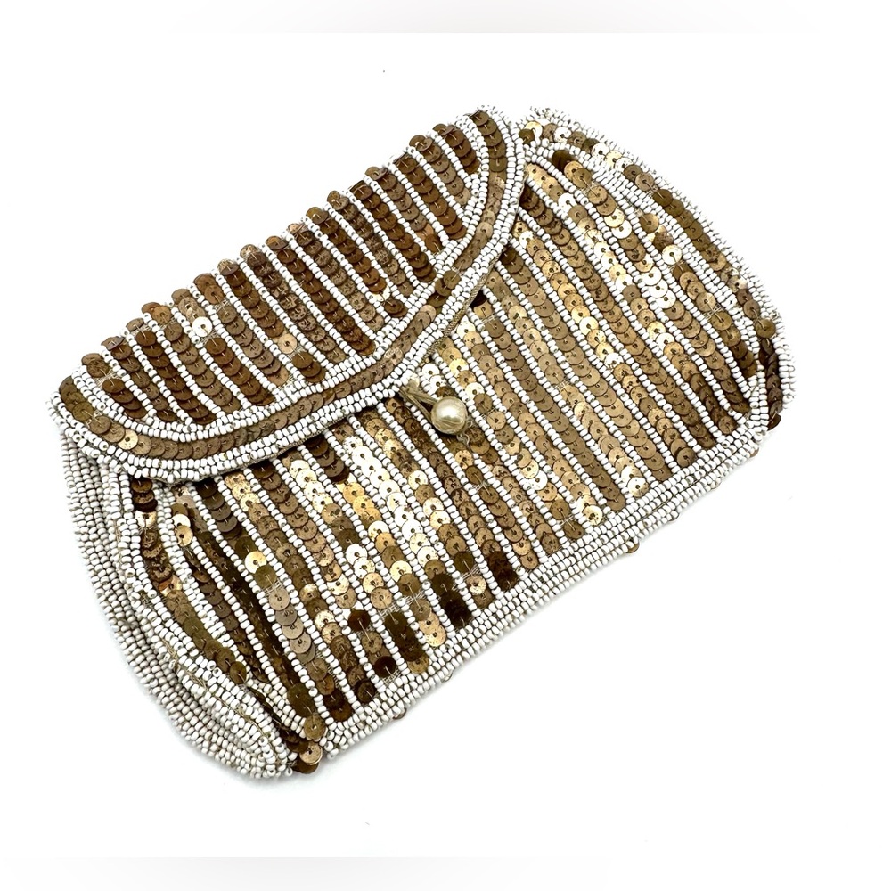 Vintage Gold Sequin & Beaded Evening Clutch-Made in Belgium-Pearl Tie Closure